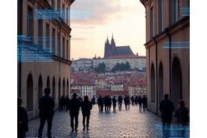 Staroměstské náměstí v Praze s moderními digitálními prvky překrytými, symbolizující kulturní adaptaci.