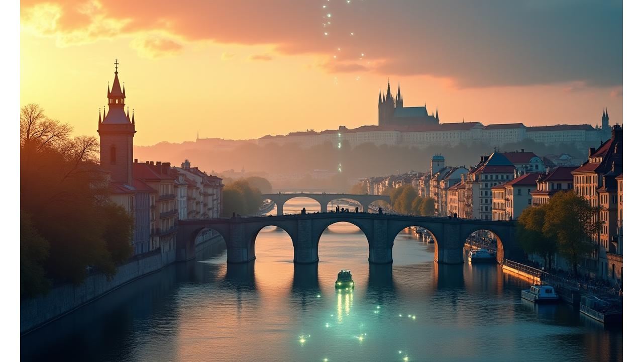 Panoramatický pohled na osvětlené pražské panorama za soumraku, symbolizující harmonii tradice a moderního wellness.