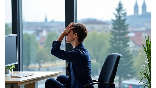 Muž středního věku cvičí jógu na střeše v Praze s výhledem na město