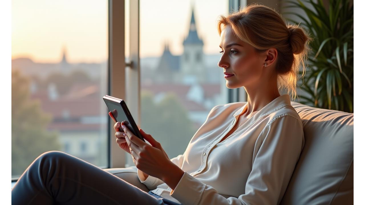 Moderní pražská profesionálka si užívá duševní pohodu díky wellness aplikaci na tabletu