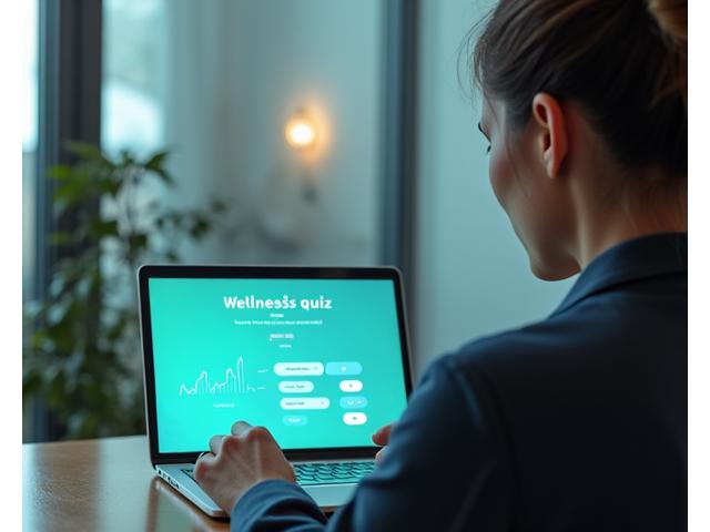 Žena vyplňuje interaktivní wellness kvíz na laptopu s grafy a daty v pozadí