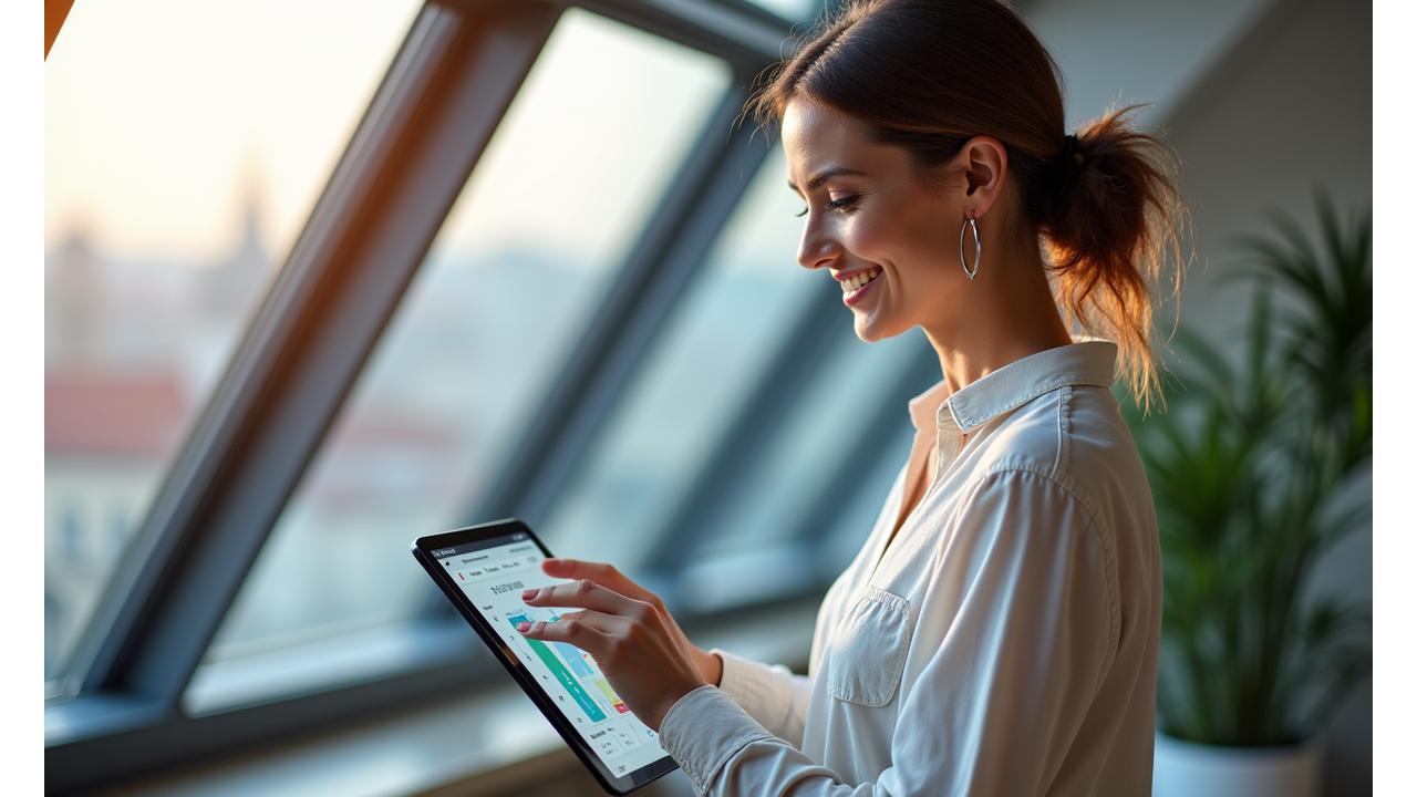 Žena v Praze se usmívá a používá tablet s interaktivním wellness průvodcem, v pozadí moderní pražská architektura.