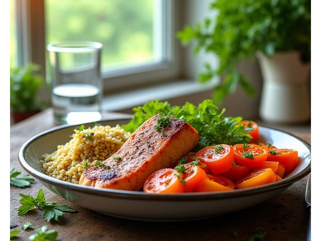 Talíř s vyváženým, barevným jídlem a čerstvými ingrediencemi pro inspiraci k plánování výživy