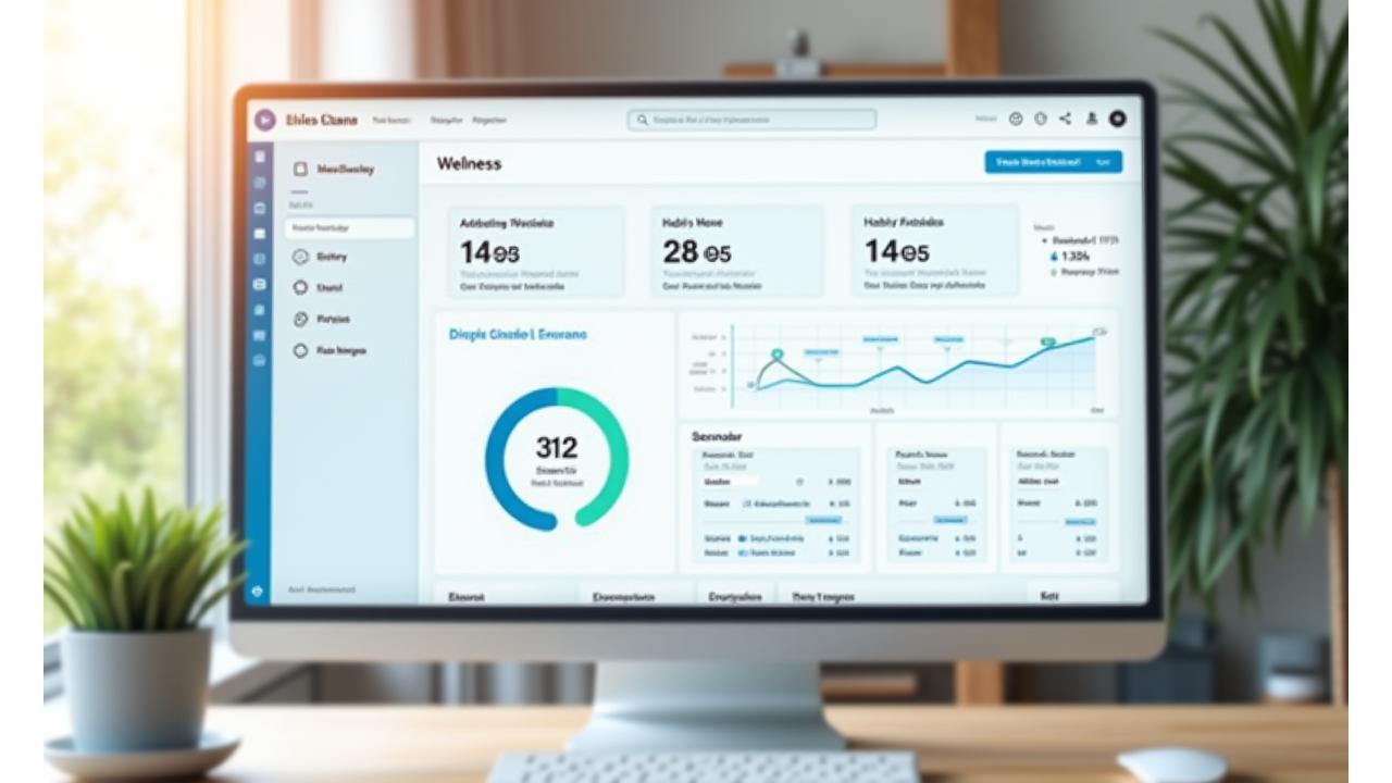 Maketa wellness dashboardu s grafy, ukazateli pokroku a zobrazením dokončených úkolů