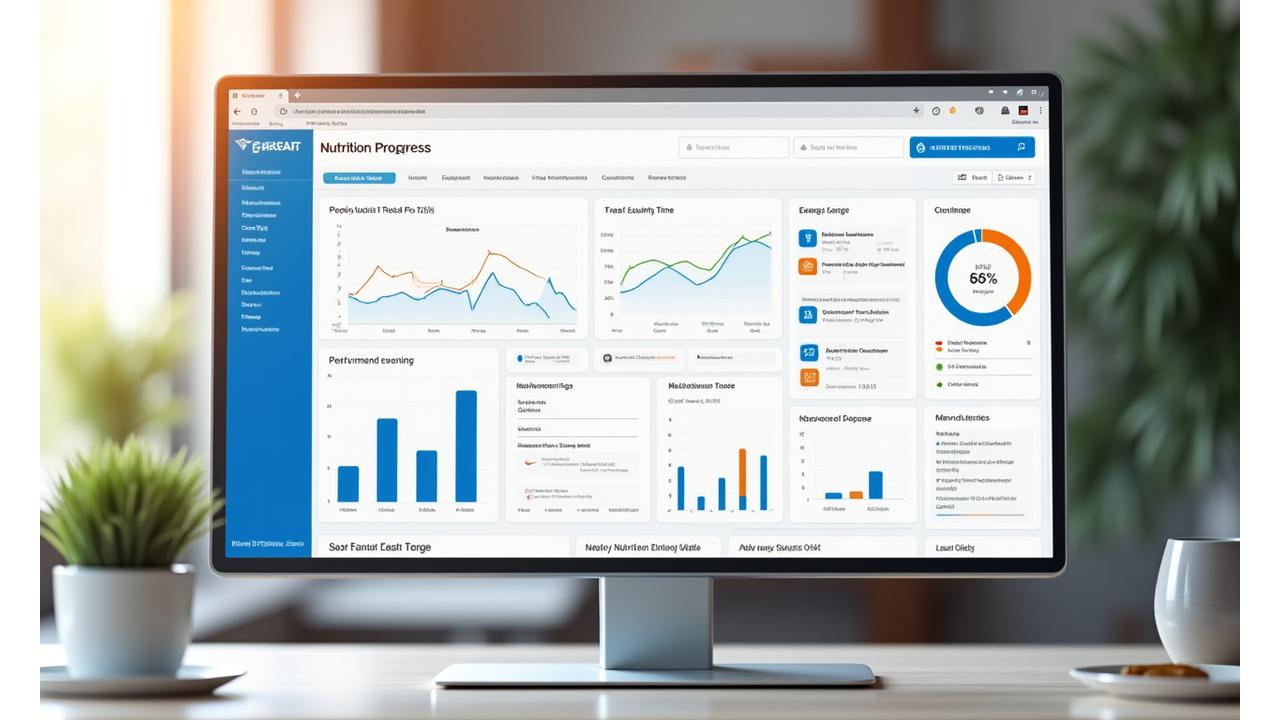 Digitální dashboard zobrazující grafy a analýzy výživových cílů a pokroku.