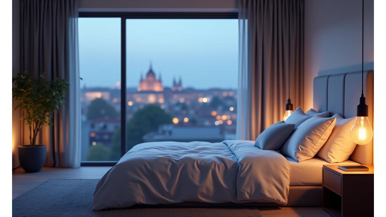 Elegantní ložnice s uklidňujícím osvětlením, postel upravená do pěkného stavu, klidná atmosféra. Zdůrazňuje relaxaci a kvalitu spánku.
