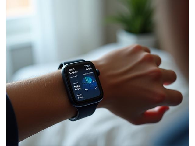 Detailní záběr ruky držící chytré hodinky zobrazující graf dat spánku s pozadím klidné ložnice. Reprezentuje technologie pro sledování spánku.
