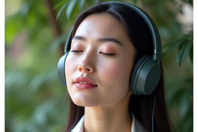 Žena poslouchá audio meditaci se sluchátky, symbolizující řízené cvičení pro zklidnění.