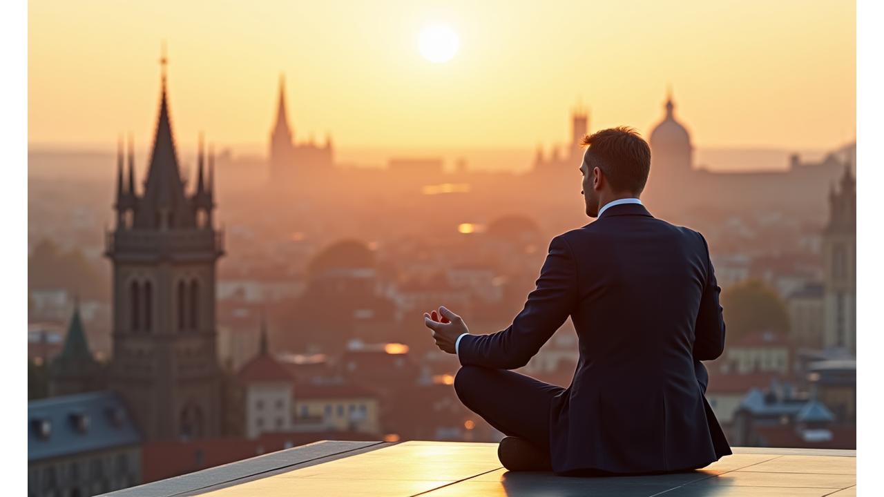 Mladý profesionál relaxuje na střešní terase s výhledem na Prahu, symbolizující klid a úspěch v kariéře.