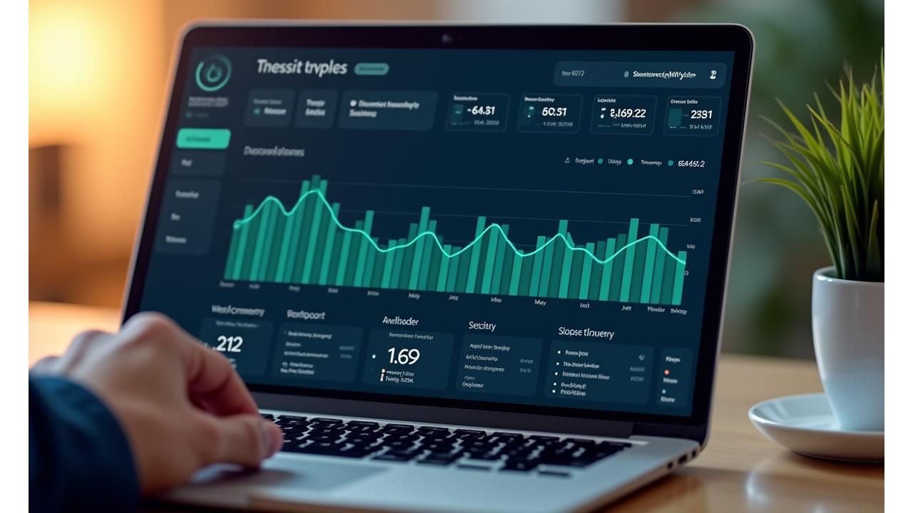 Grafický dashboard zobrazuje křivky úrovní stresu na obrazovce počítače s barevnými indikátory zlepšení.