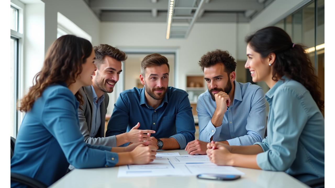 Group of diverse adults collaborating and discussing in a modern, open workspace, symbolizing respectful interaction and community rules.