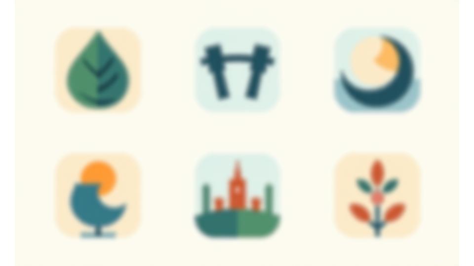 Various icons representing different wellness categories like nutrition, fitness, sleep, and mindfulness, arranged in a clean grid.