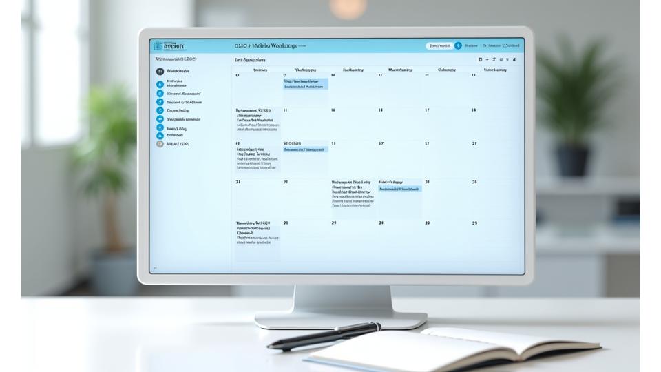 A sleek digital calendar displaying upcoming virtual events and expert Q&A sessions with clear titles and times, on a modern desk.