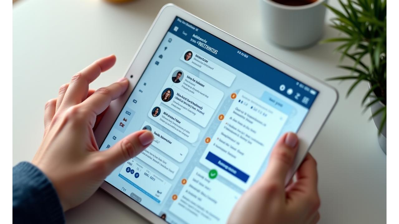 Close-up view of a tablet screen displaying a lively online community forum with multiple discussion threads and user avatars.