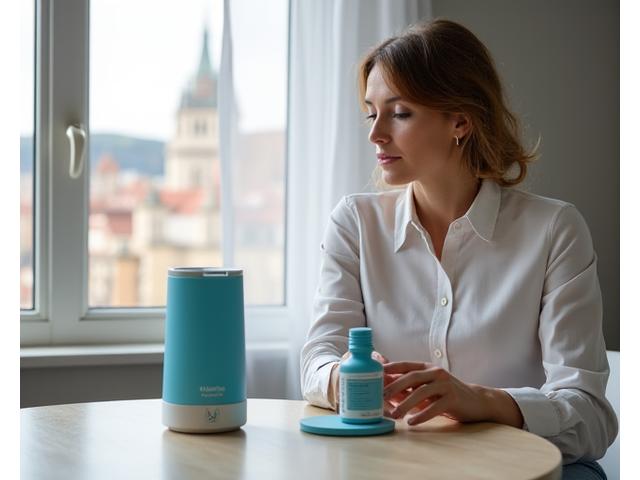 Žena prohlížející wellness produkty s důrazem na kvalitu a lokální relevance v moderním pražském bytě.