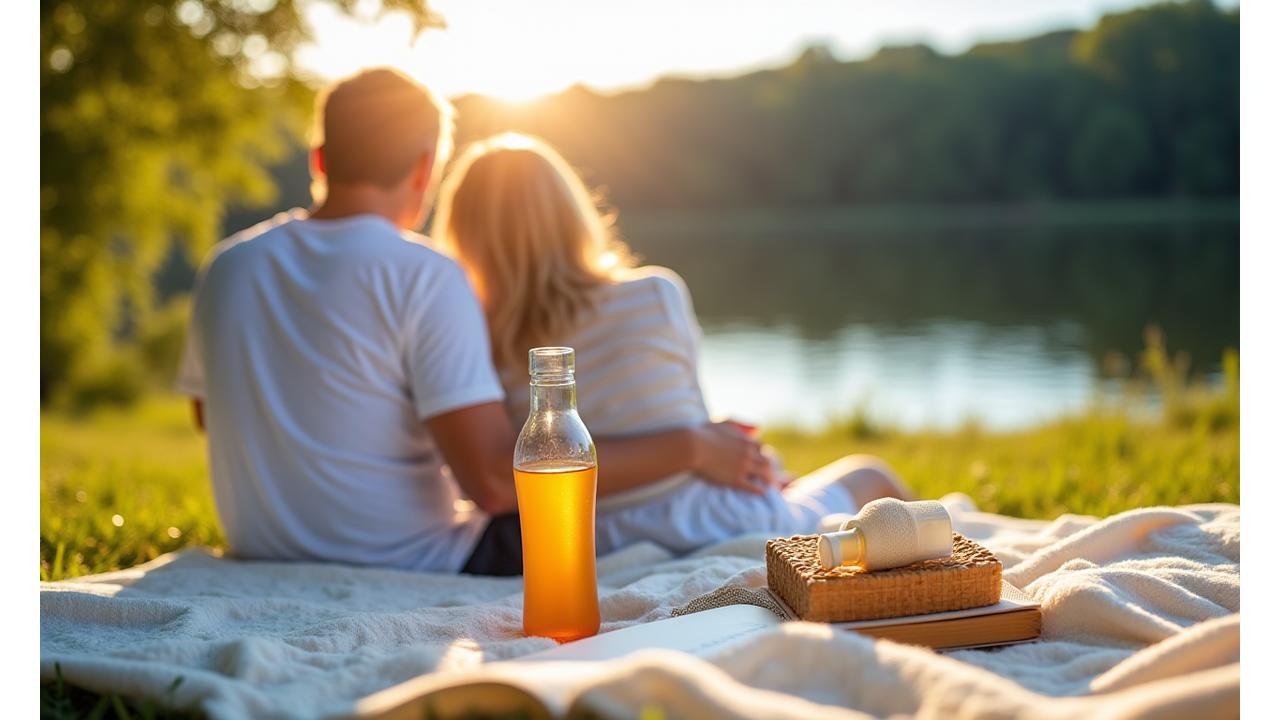 Pár relaxující u jezera nedaleko Prahy, s letními opalovacími krémy a hydratačním nápojem.