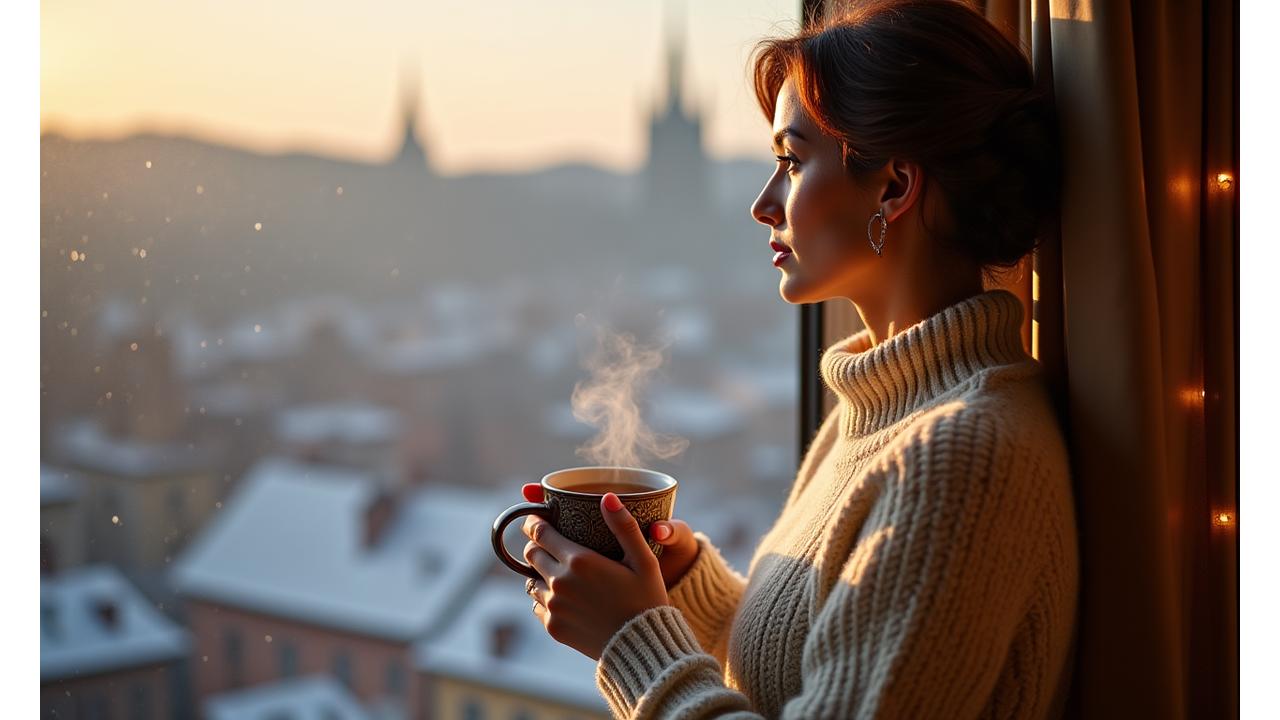 Žena užívající hřejivý bylinný čaj u okna s výhledem na zasněženou Prahu.